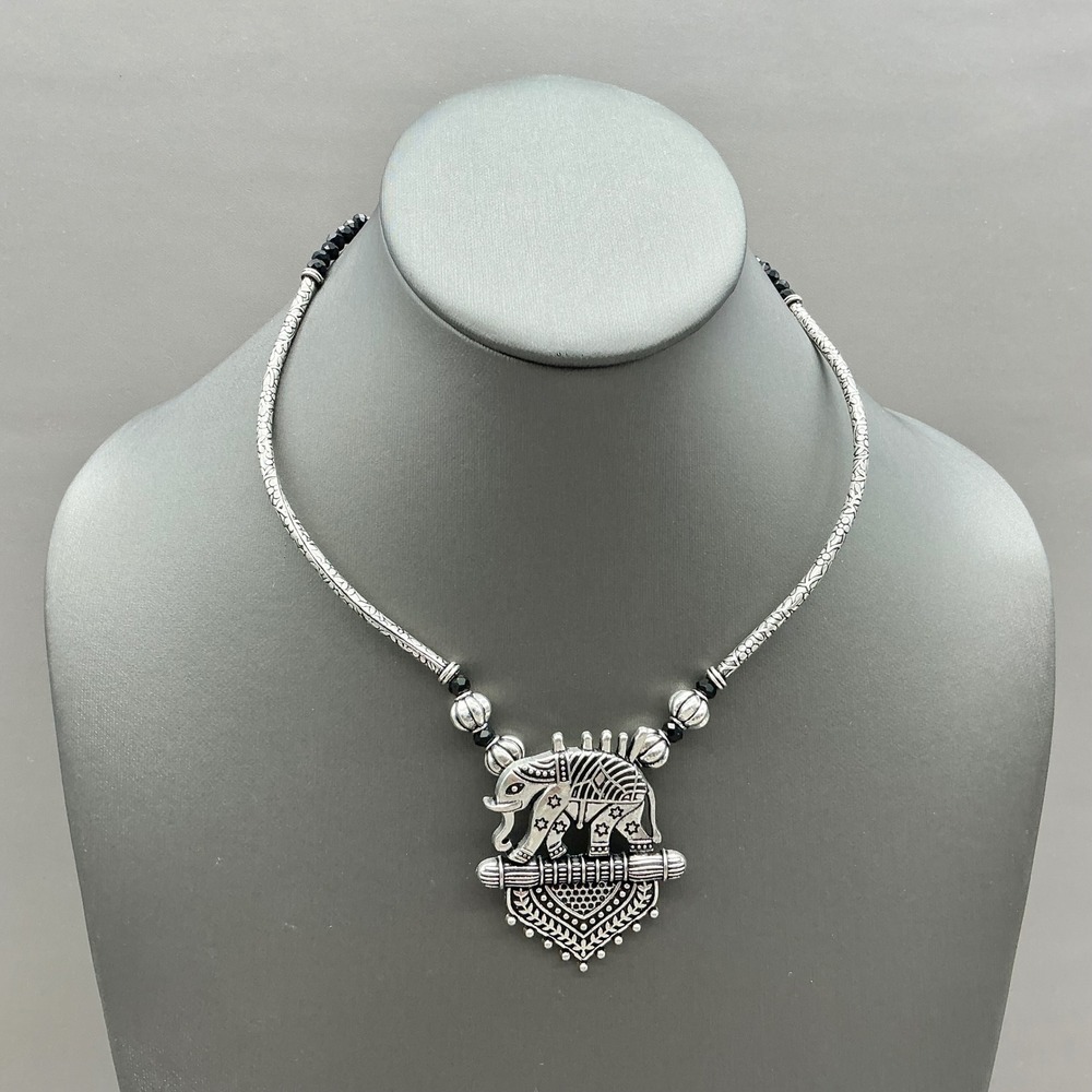 Elephant Pendant Necklace Women Silver Tone Black Bead Etched Boho Jewelry